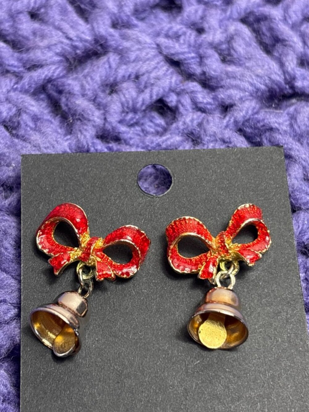 Vintage Goldtone Christmas Bell Dangle Earrings Red Enamel Bow 1 inch